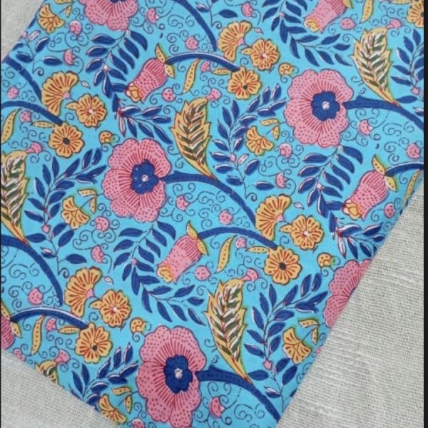 Pre-order hand block printed cotton blue and pink floral 3115