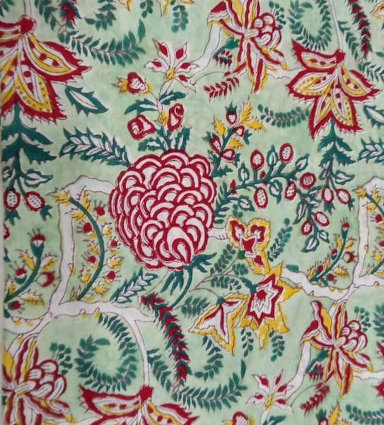 Pre-order hand block printed cotton green and red floral 3135