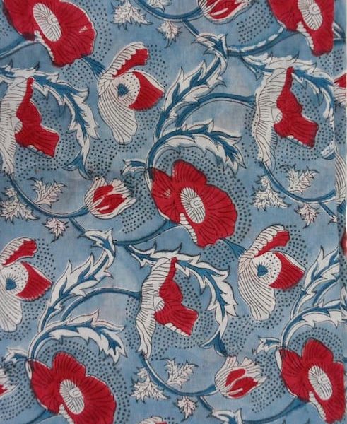 Pre-order hand block printed cotton blue and red floral 3154