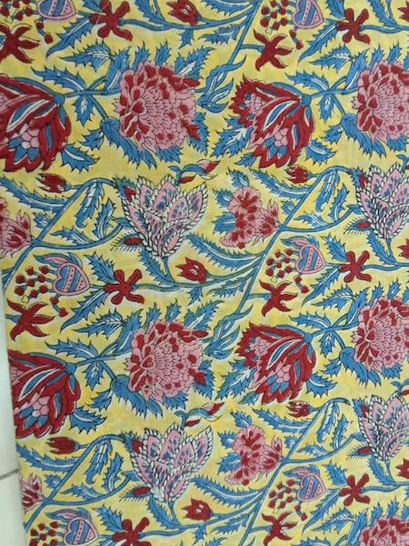 Pre-order hand block printed cotton yellow and red floral 3139