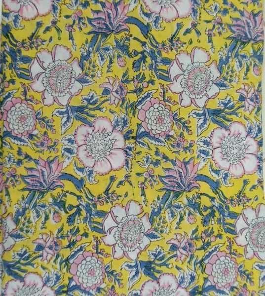 Pre-order hand block printed cotton yellow and white floral 3147