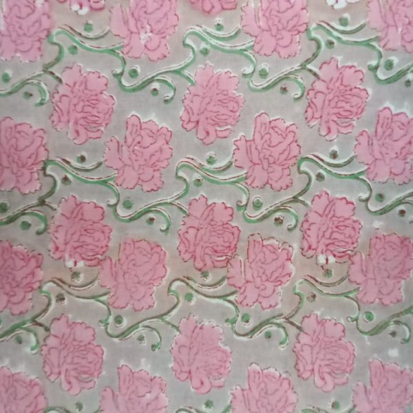 Pre-order hand block printed cotton greenish grey and pink floral 3142