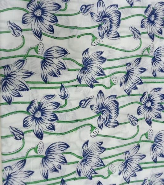 Pre-order hand block printed cotton white and blue floral 3157
