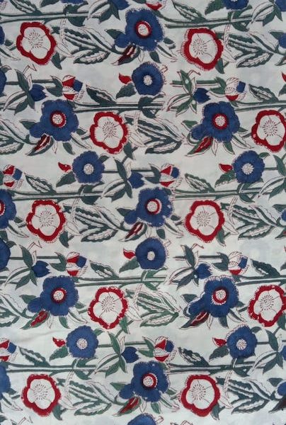 Pre-order hand block printed cotton white and blue floral 3143