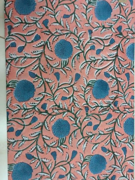 Pre-order hand block printed cotton peach and blue floral 3148