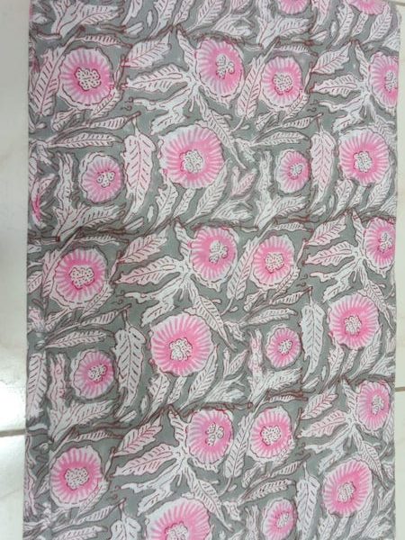 Pre-order hand block printed cotton grey and pink floral 3152
