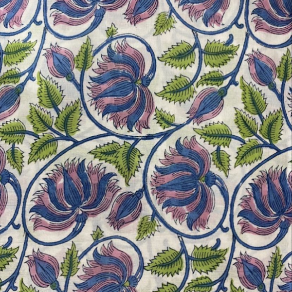 Pre-order hand block printed cotton white and blue floral 3174