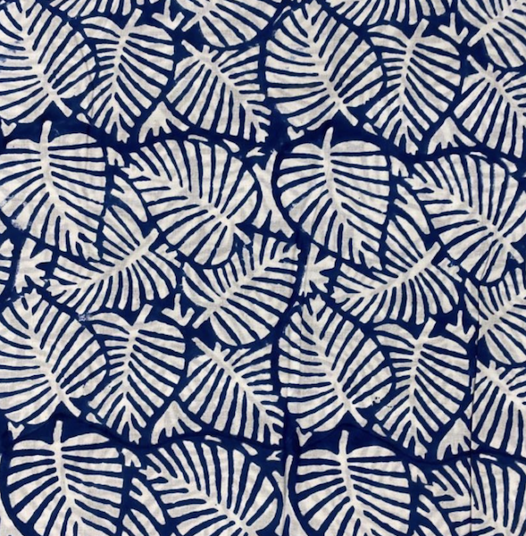 Pre-order hand block printed blue and white leaves 3186