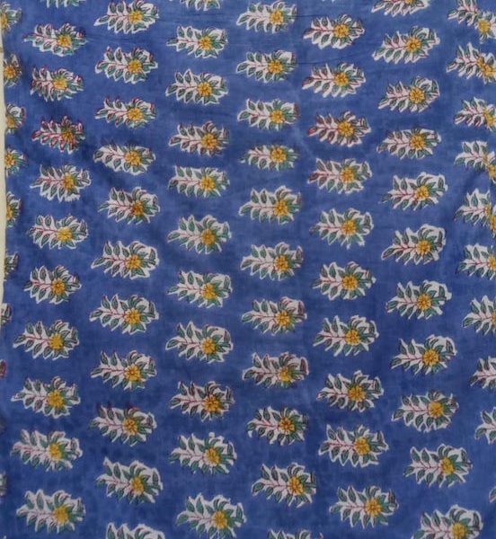 Pre-order hand block printed cotton blue and yellow floral 3167