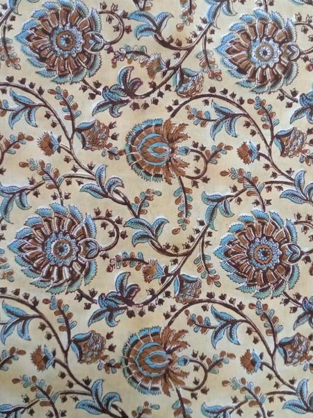 Pre-order hand block printed cotton cream and brown floral 3172