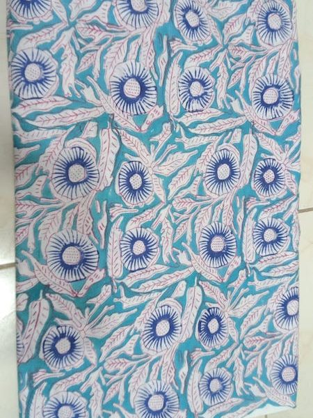 Pre-order hand block printed cotton turquoise and white floral 3171