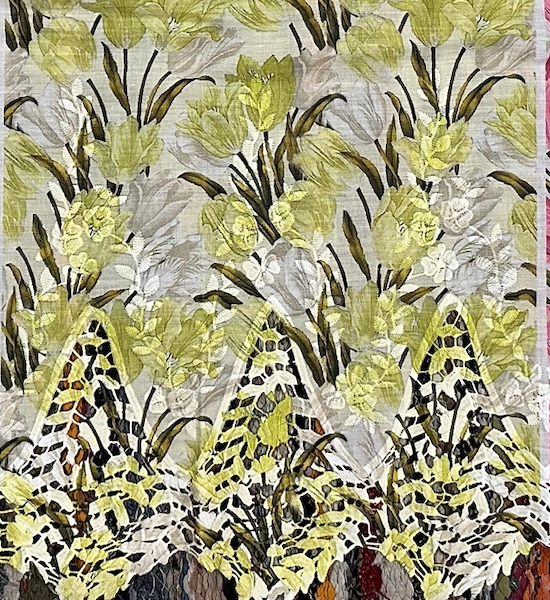 Pre-order lace embroidery printed cotton grey and yellow tulips 9106