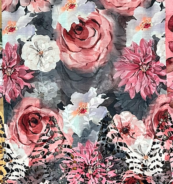 Pre-order lace embroidery printed cotton grey and pink floral 985