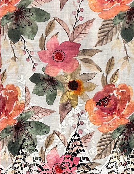 Pre-order lace embroidery printed cotton cream and orange floral 986