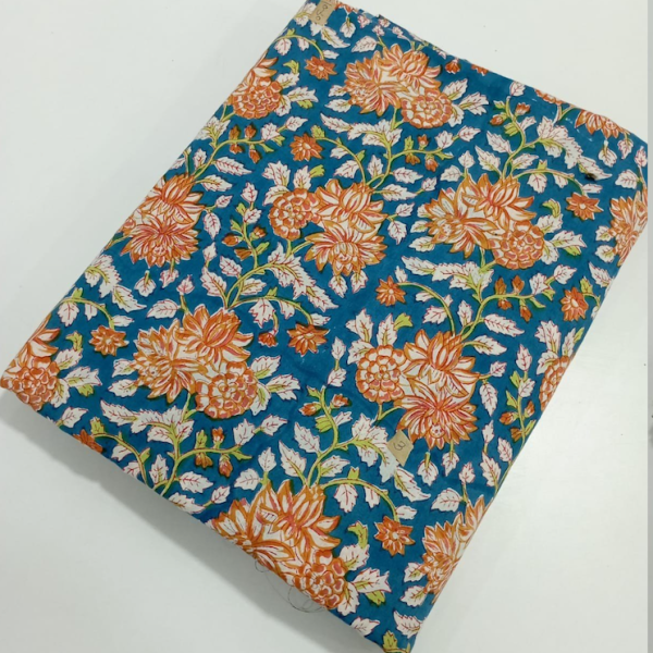 Pre-order hand block printed cotton blue and orange floral 3231