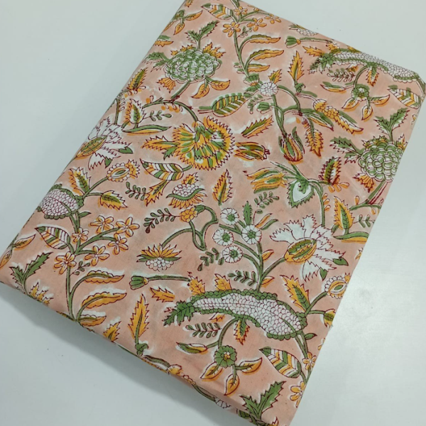 Pre-order hand block printed cotton peach and white floral 3226