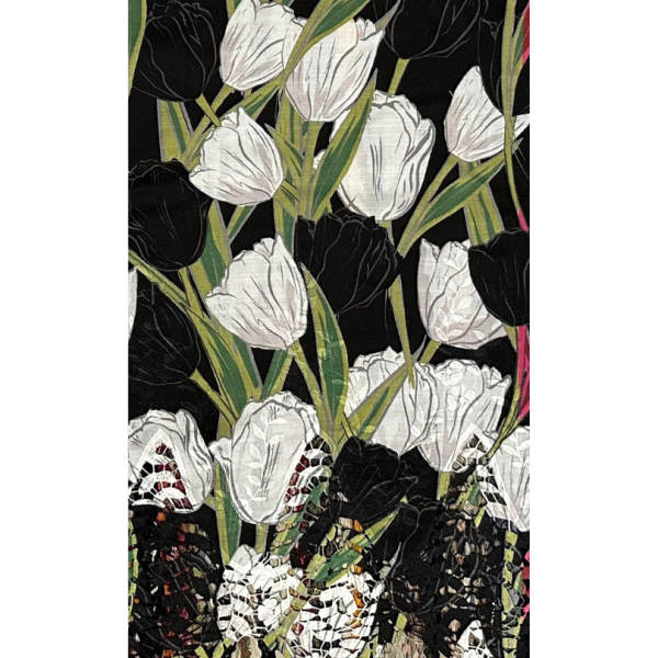 Pre-order lace embroidery printed cotton black and white tulips 9137