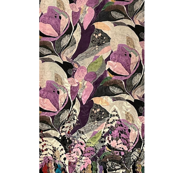 Pre-order lace embroidery printed cotton purple and cream abstract 9139