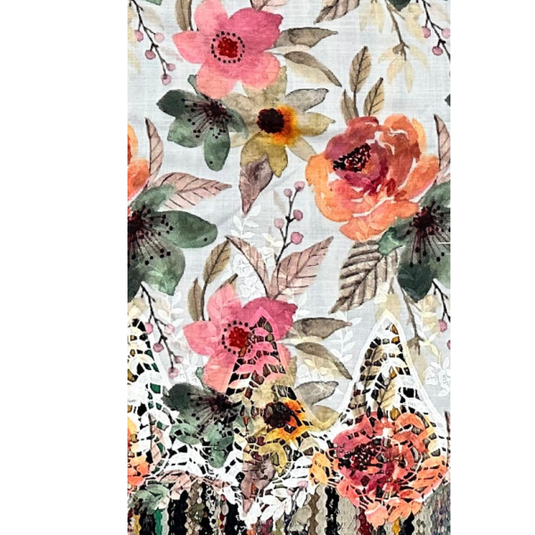 Pre-order lace embroidery printed cotton white and peach floral 9140