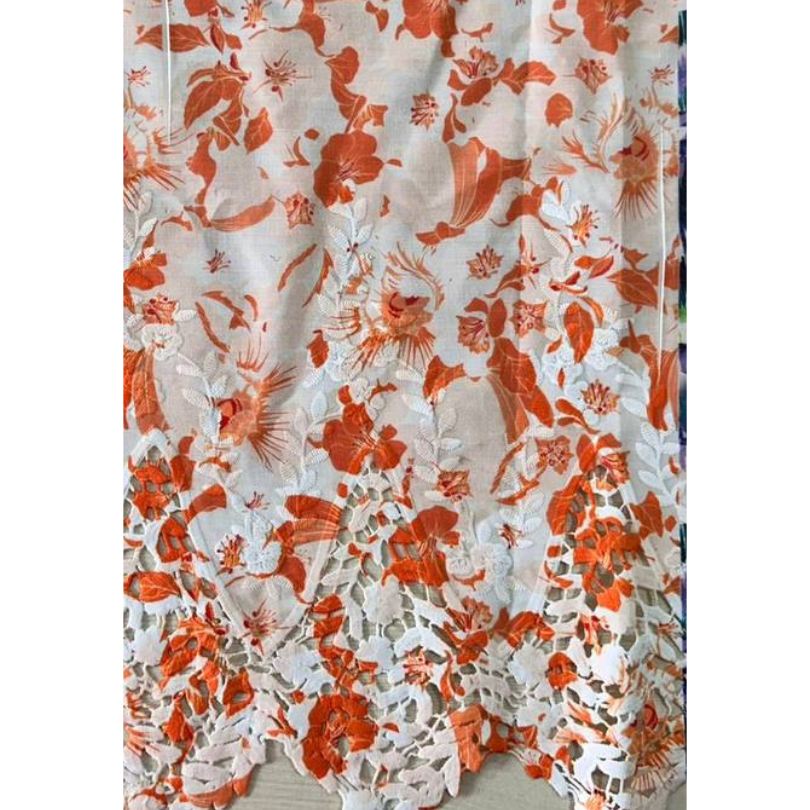 Pre-order lace embroidery printed cotton orange floral 9175