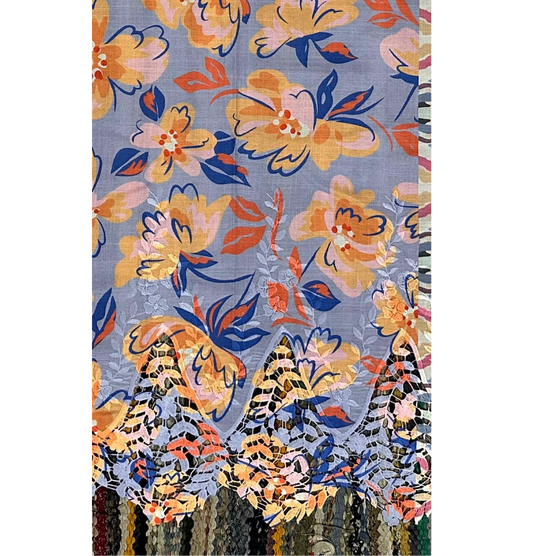 Pre-order lace embroidery printed cotton light purple and peach floral 9147