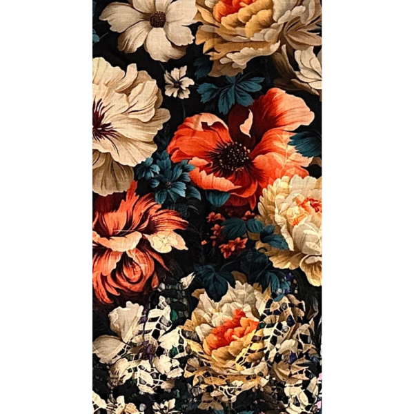 Pre-order lace embroidery printed cotton black and orange floral 9131