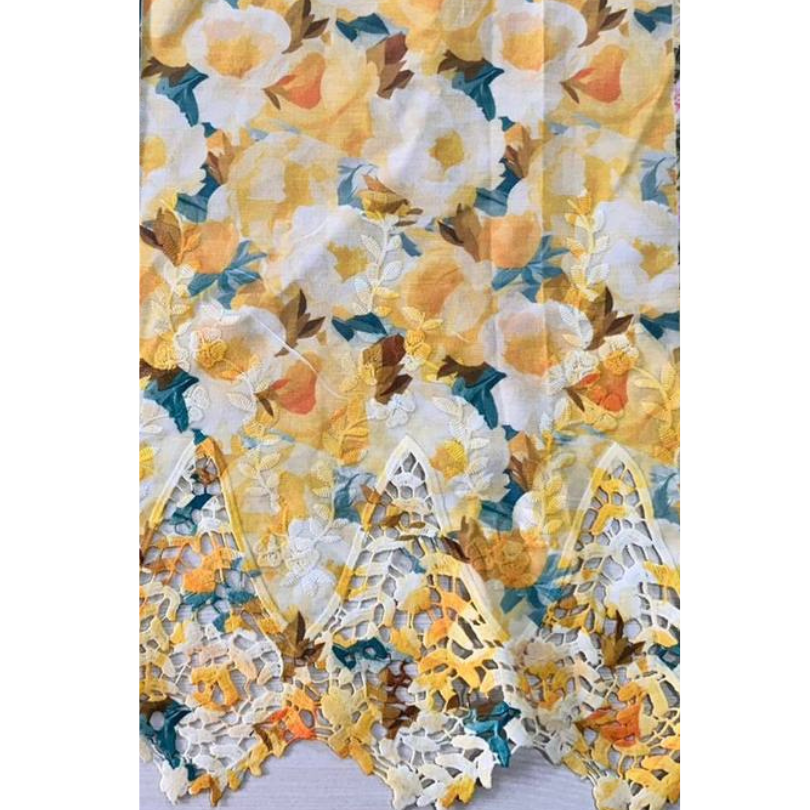 Pre-order lace embroidery printed cotton yellow and cream floral 9180