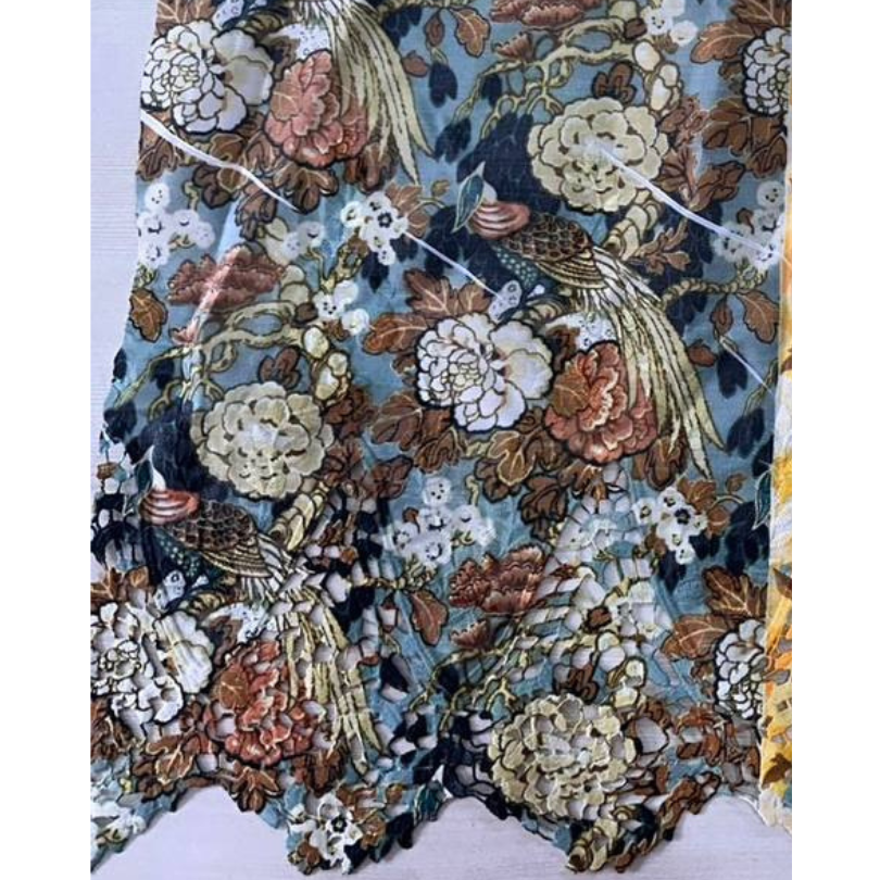 Pre-order lace embroidery printed cotton blue and cream floral 9179