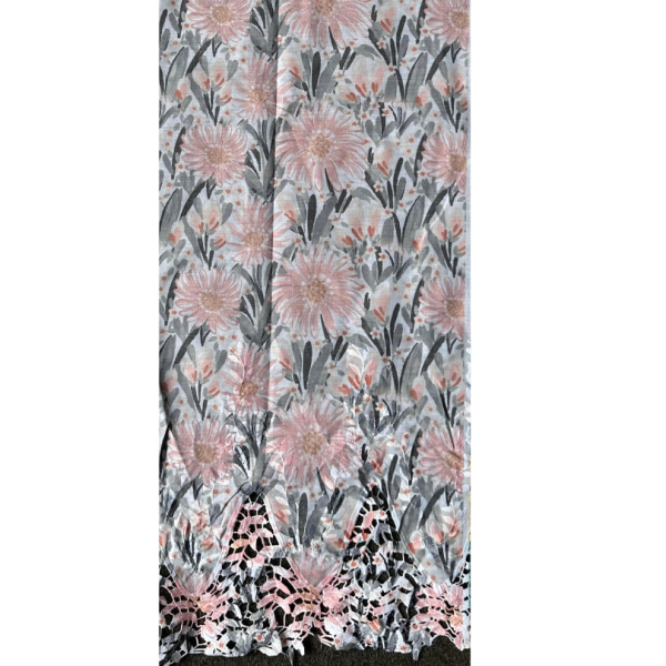 Pre-order lace embroidery printed cotton pastel peach and grey 9192