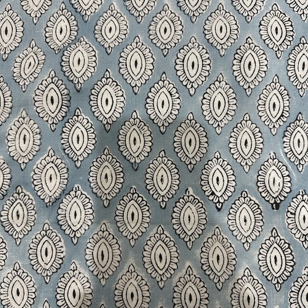 Readystock Hand block printed cotton light greyish blue and white pattern 29380