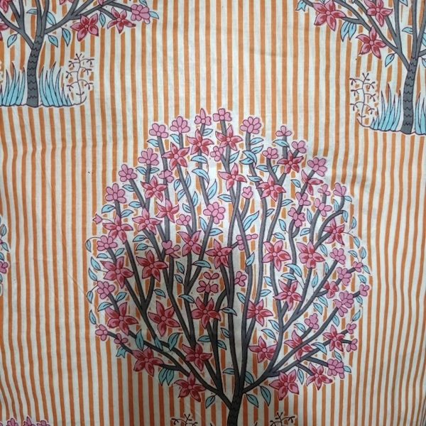 Pre-order hand block printed cotton peach and white stripes with floral motive 3290