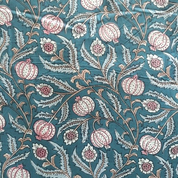 Pre-order hand block printed cotton light turquoise and white floral 3288