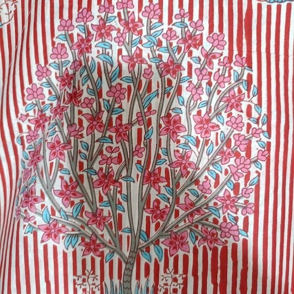 Pre-order hand block printed cotton red and white stripes with floral motive 3289