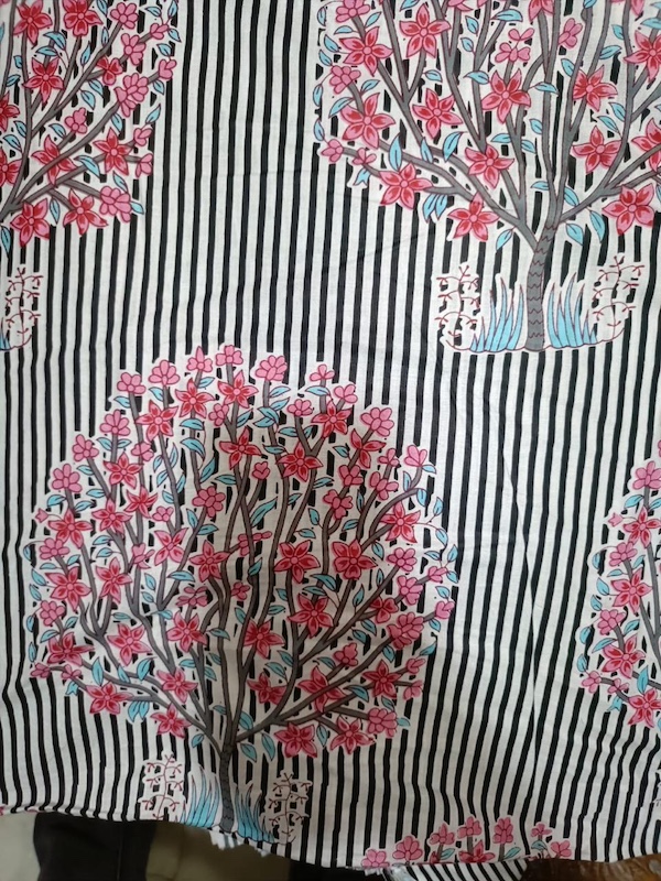 Pre-order hand block printed cotton black and white stripes with floral motive 3294