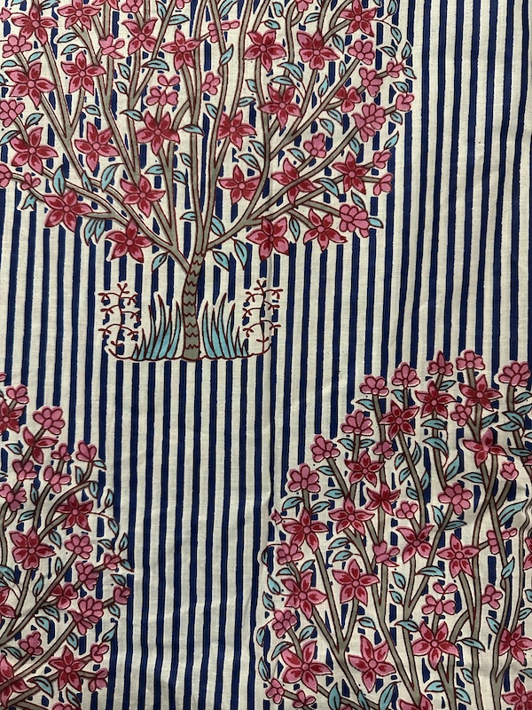 Readystock Hand block printed cotton blue stripes with floral 29512