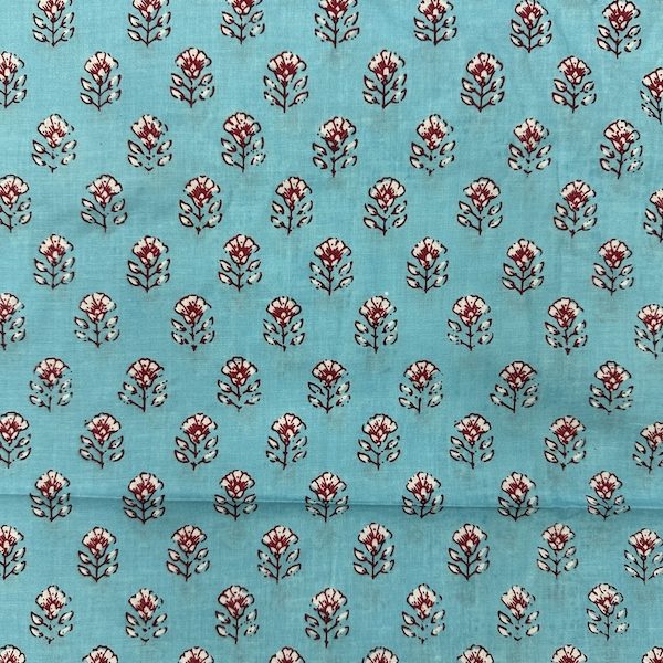 Readystock Hand block printed cotton light blue and white red floral 29571