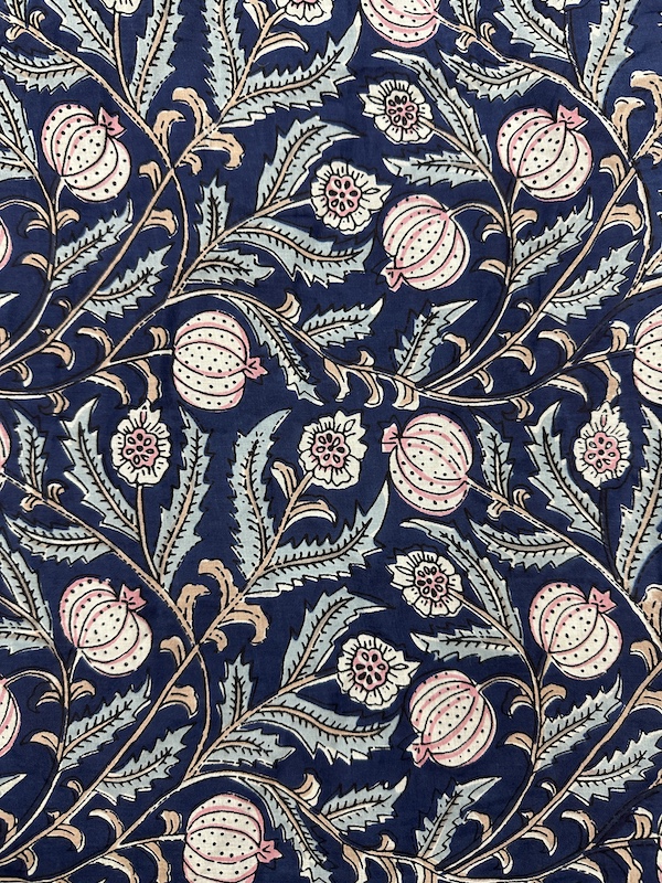 Readystock Hand block printed cotton teal blue floral 29576