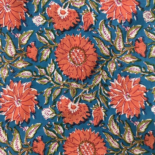 Readystock Hand block printed cotton blue and orange floral 29591