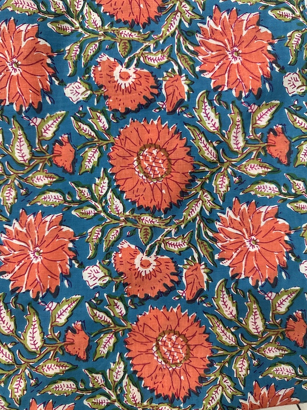 Readystock Hand block printed cotton blue and orange floral 29591