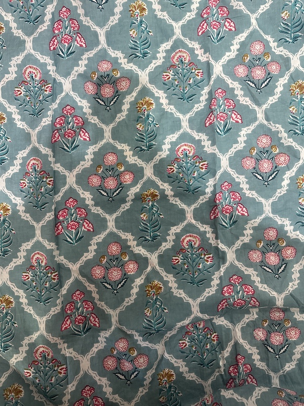 Readystock Hand block printed cotton turquoise and pink floral 29610