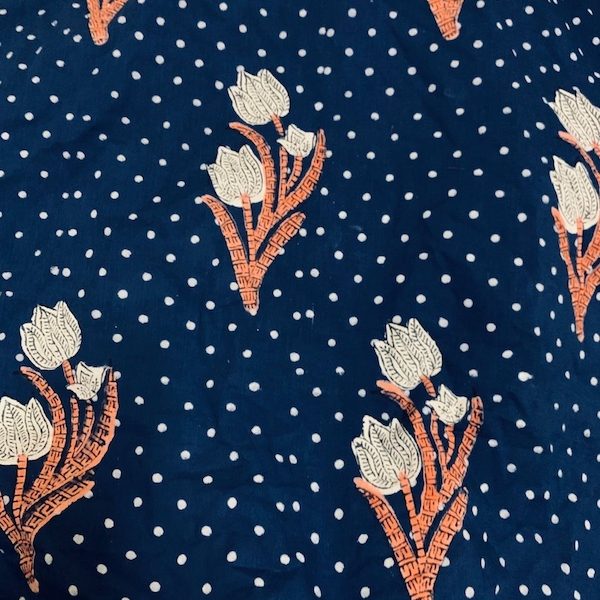 Readystock Hand block printed cotton indigo blue and white floral 29612