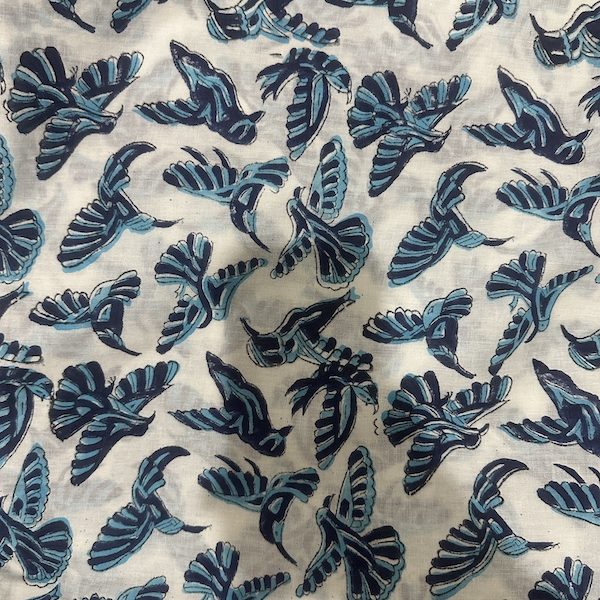 Readystock Hand block printed cotton white and blue bird pattern 29614