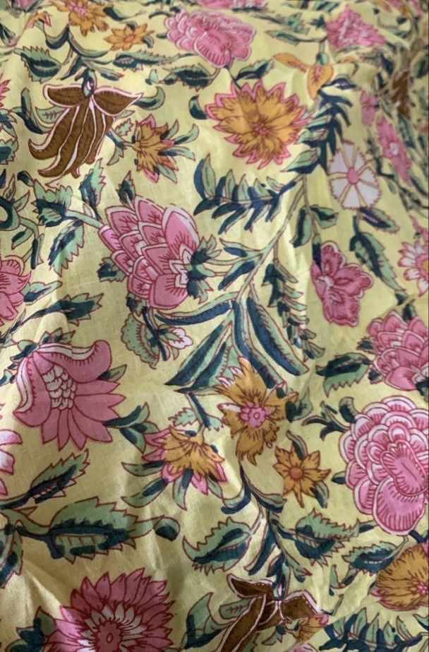 Readystock Hand block printed cotton yellow and pink floral 29627