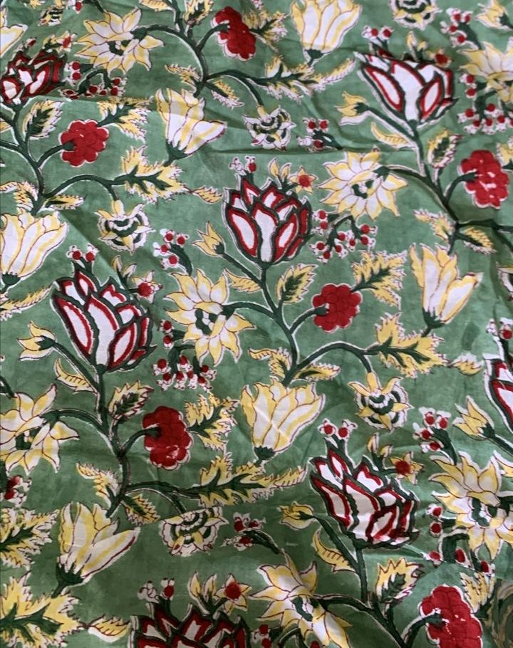 Readystock Hand block printed cotton green floral 29628