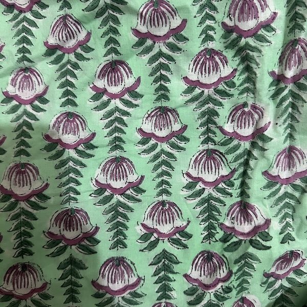 Readystock Hand block printed cotton green and pink floral 29625