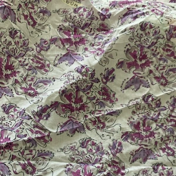 Readystock Hand block printed cotton white and purple floral 29629