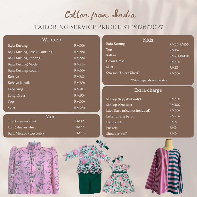 Cotton From India tailoring service price list 2026 and 2027