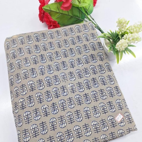 Pre-order hand block printed cotton grey and navy abstract 3317