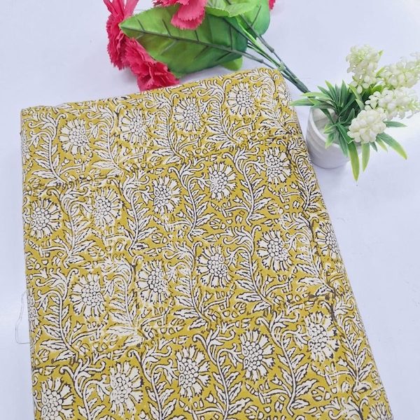 Pre-order hand block printed cotton mustard and white floral 3318