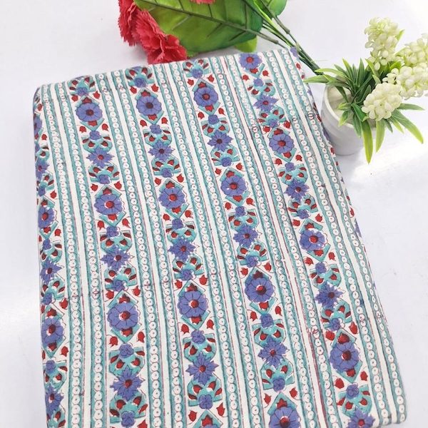 Pre-order hand block printed cotton blue and white floral stripes 3320